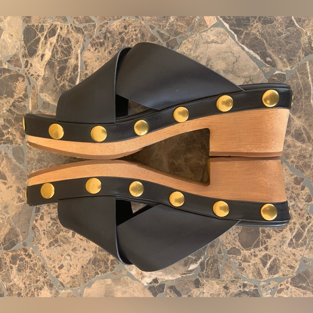 Charlotte Stone Black Leather Wooden Clog Platform Heel Sandal - Picture 7 of 12